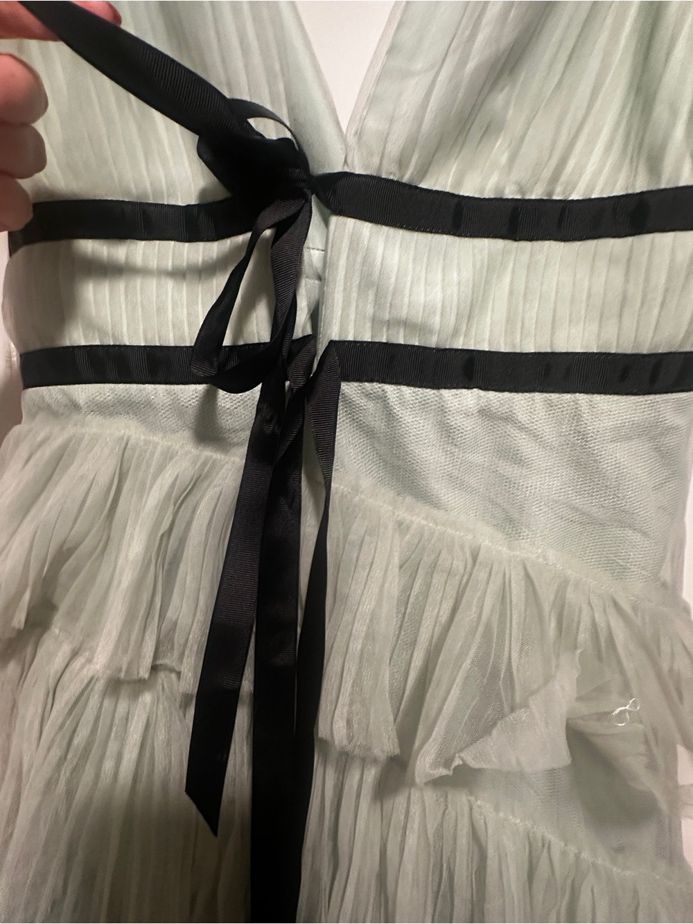 Ombre Green Tiered Tulle Maxi Dress with Black Ribbon - Picture 3 of 5